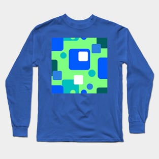 Retro Abstract Dream Space Teal Blue White on Bright Green Long Sleeve T-Shirt